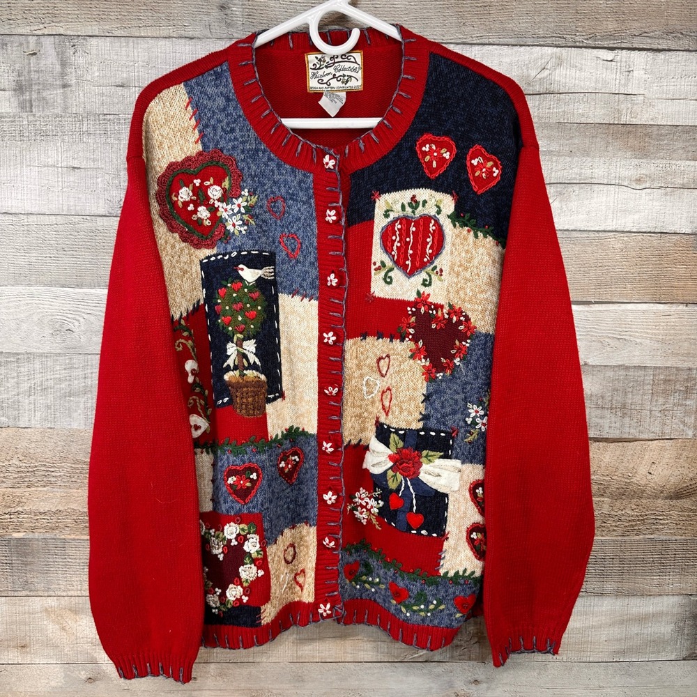Vintage Heirloom Collectibles Patchwork Heart Embroidered Cardigan Sweater XL